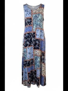 Floral Patchwork Print Maxi Dress Sleeveless Boho Blue Navy Rayon L